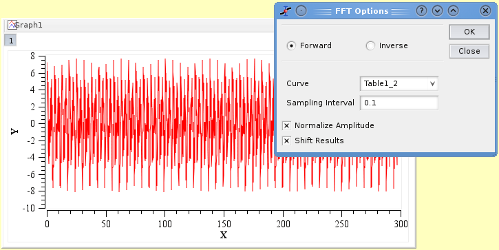 A signal and the FFT dialog box for a plot.