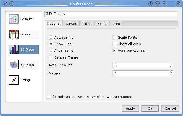 The preferences dialog: 2D plot options.