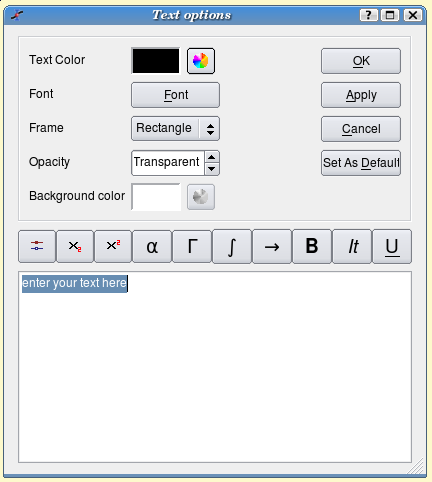 The text options dialog.